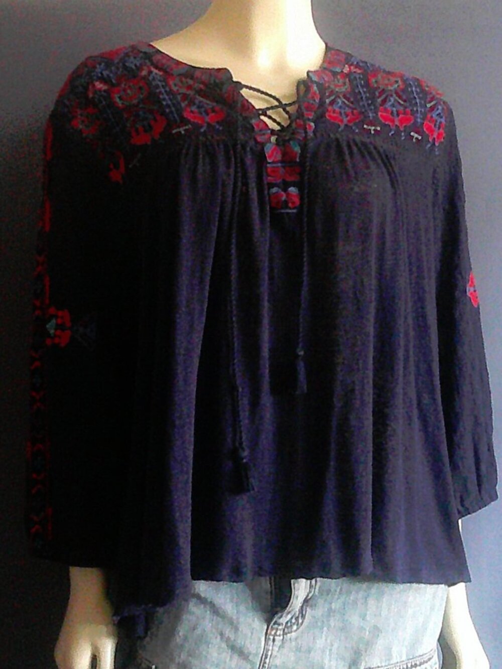 Lucky Brand Navy Embroidered Linen Modal Blend Peasant Top 3X